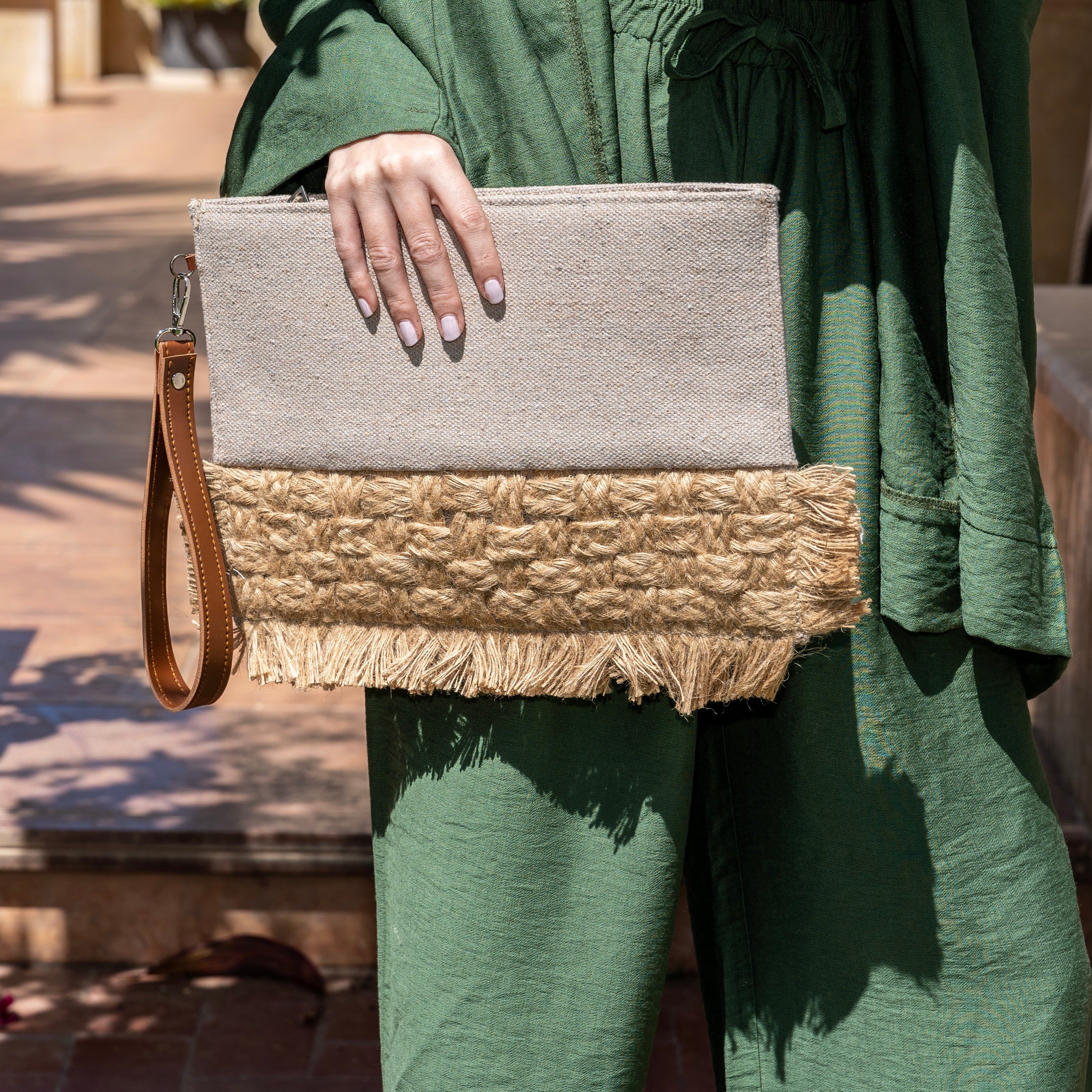 Beige Stitched Canva Clutch