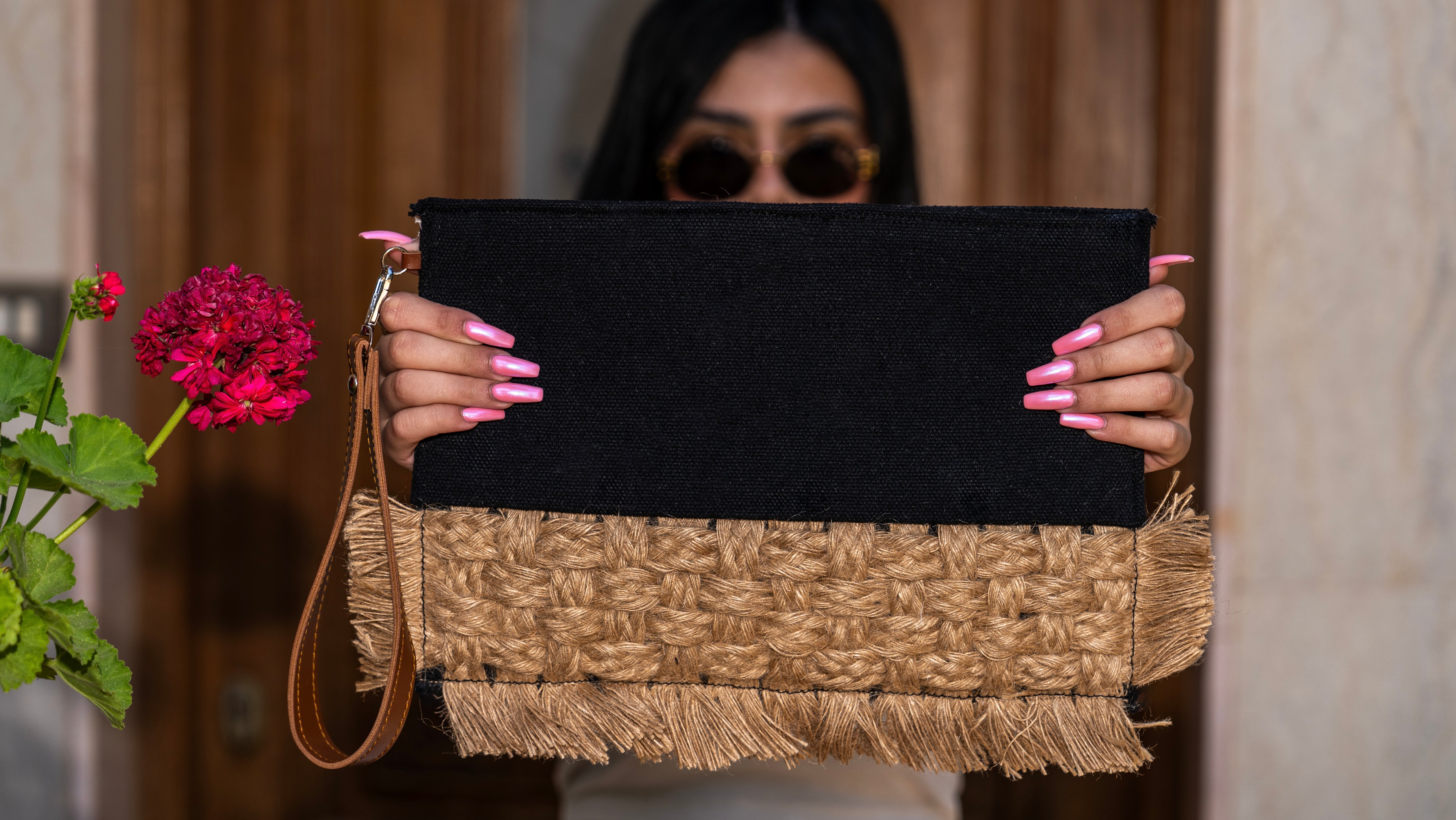 Black Stitched Canva Clutch